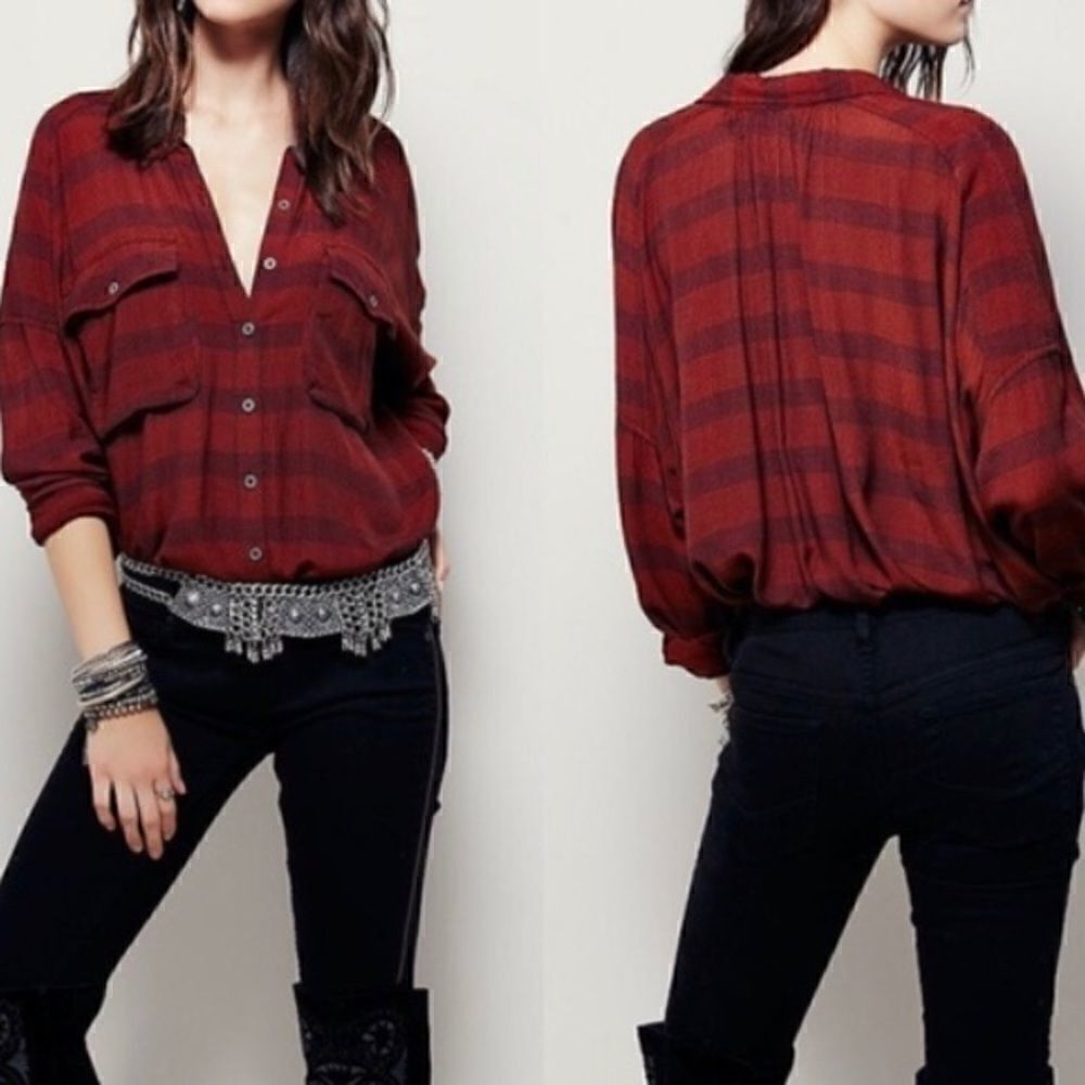 Free People, Fawn Over You Plaid Long Sleeve Button Down Top, Women’s Small